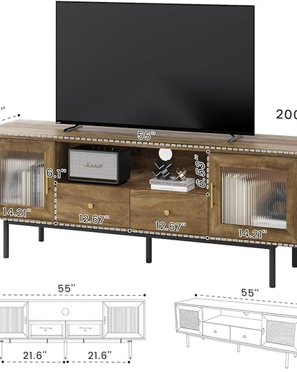 TV Stand for 65 Inch TV, Modern Entertainment Center with 2 Cabinets and 2 Drawers, Mid Century TV Stand for 55/60/65 inch TV, Media Console for Bedroom, Living Room and Office, Brown - LeafyLoom