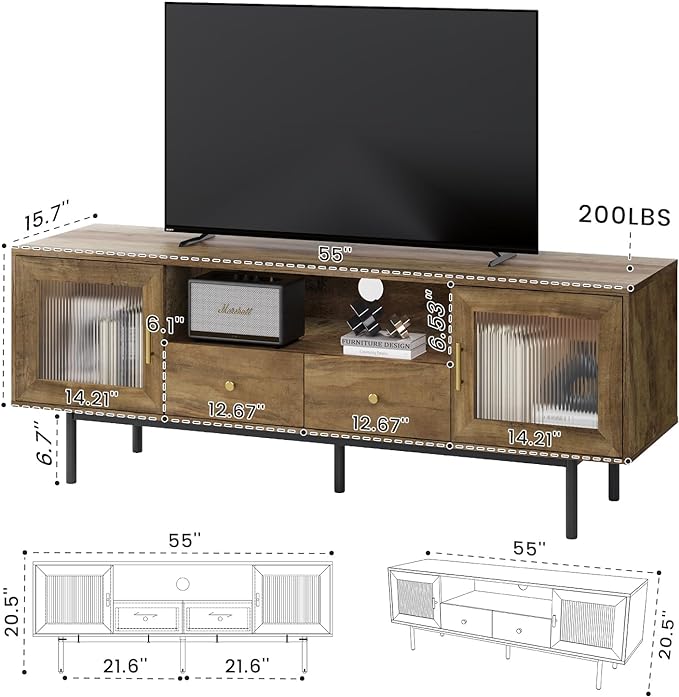 TV Stand for 65 Inch TV, Modern Entertainment Center with 2 Cabinets and 2 Drawers, Mid Century TV Stand for 55/60/65 inch TV, Media Console for Bedroom, Living Room and Office, Brown - LeafyLoom