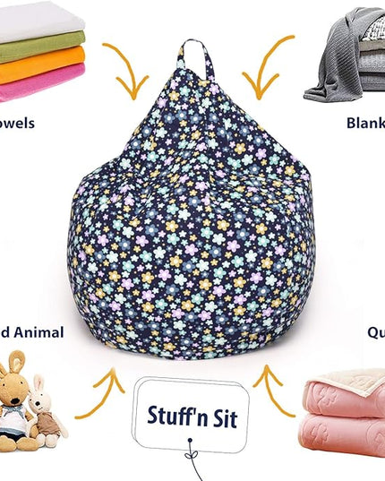 YuppieLife Kids Storage Bean Bag Cover（No Filling） Toy Organizer|Carrying Handle Sofa|Available for Kids and Teenager|Cuddle Chair|Machine Washable and Durable（38“,Blue Flowers） - LeafyLoom