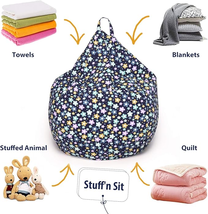 YuppieLife Kids Storage Bean Bag Cover（No Filling） Toy Organizer|Carrying Handle Sofa|Available for Kids and Teenager|Cuddle Chair|Machine Washable and Durable（38“,Blue Flowers） - LeafyLoom