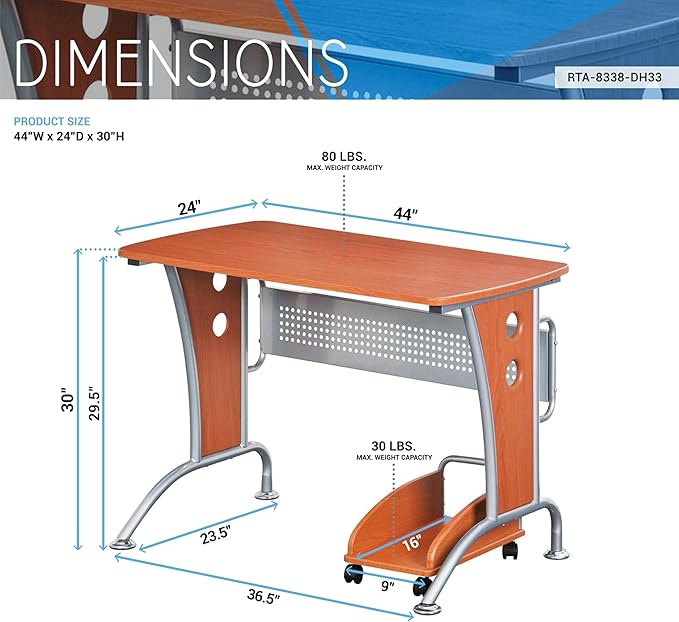 TECHNI MOBILI Modern Computer Desk With Mobile CPU Caddy. Color: Dark Honey - LeafyLoom