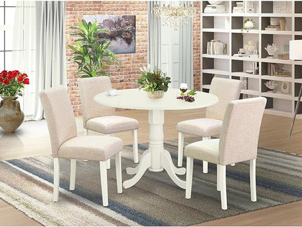 East West Furniture DLAB5-LWH-02 5 Piece Dining Room Table Set Includes a Round Kitchen Table with Dropleaf and 4 Light Beige Linen Fabric Parson Dining Chairs, 42x42 Inch, Linen White - LeafyLoom
