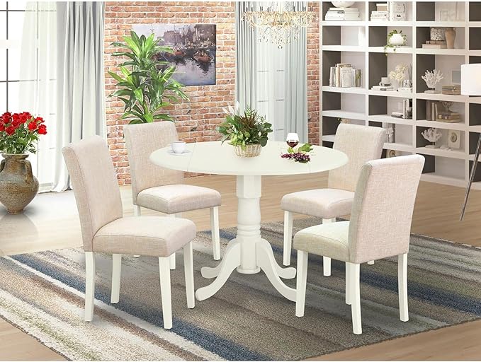 East West Furniture DLAB5-LWH-02 5 Piece Dining Room Table Set Includes a Round Kitchen Table with Dropleaf and 4 Light Beige Linen Fabric Parson Dining Chairs, 42x42 Inch, Linen White - LeafyLoom