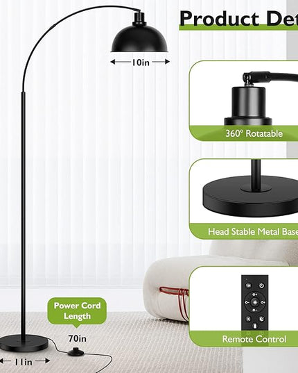Arc Floor Lamps for Living Room, Modern Tall Standing Lamp Remote Control,Stepless Dimmable Black Floor Lamp with Hanging Dome Shade, Over Couch Arched Reading Lamp for Bedroom, Office (Bulb Included) - LeafyLoom