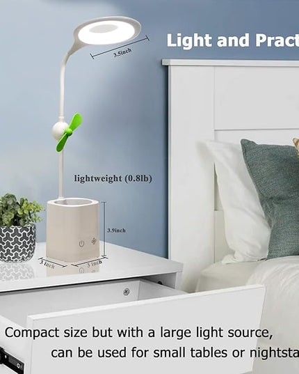 Led Desk Lamps, Small Cute Desk Lamp with 3 Lighting Modes, Modern Desk Ring Night Light with Pen Holder and Green Mini Fan for Home Office Bedroom - LeafyLoom