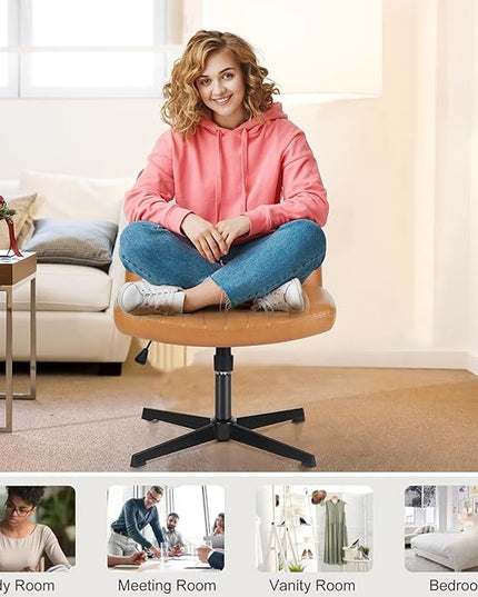 Sweetcrispy Cross Legged Office Chair, Criss Cross Chair Armless Wide Desk Chair No Wheels, Adjustable Swivel Home Office Vanity Chair - LeafyLoom