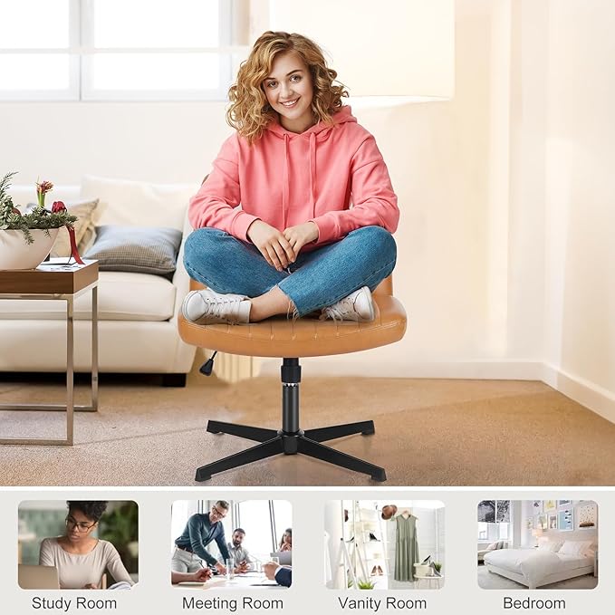 Sweetcrispy Cross Legged Office Chair, Criss Cross Chair Armless Wide Desk Chair No Wheels, Adjustable Swivel Home Office Vanity Chair - LeafyLoom
