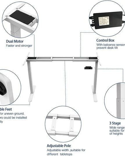AIMEZO Standing Desk Frame, Dual Motor Electric Height Adjustable Sit Stand Desk Frame with 4 Memory Preset Button, USB Charging Port for Home Office (2 Tier Legs, White) - LeafyLoom