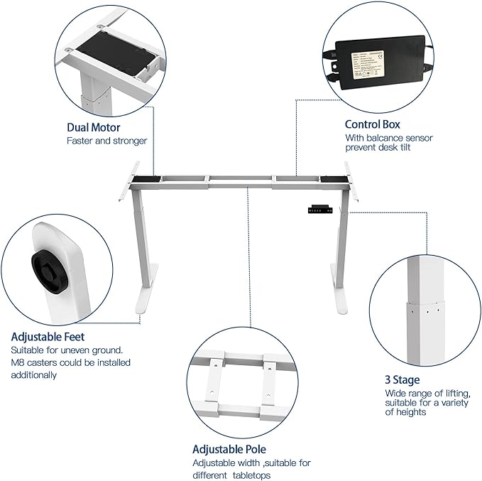 AIMEZO Standing Desk Frame, Dual Motor Electric Height Adjustable Sit Stand Desk Frame with 4 Memory Preset Button, USB Charging Port for Home Office (2 Tier Legs, White) - LeafyLoom
