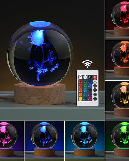 Rose Lamp Cute Gifts for Women, Large 3D Rose Night Light, Crystal Light up Rose Lamp 16 Color Changing with Remote Control for Bedroom Decor, I Love You Rose Glass - LeafyLoom