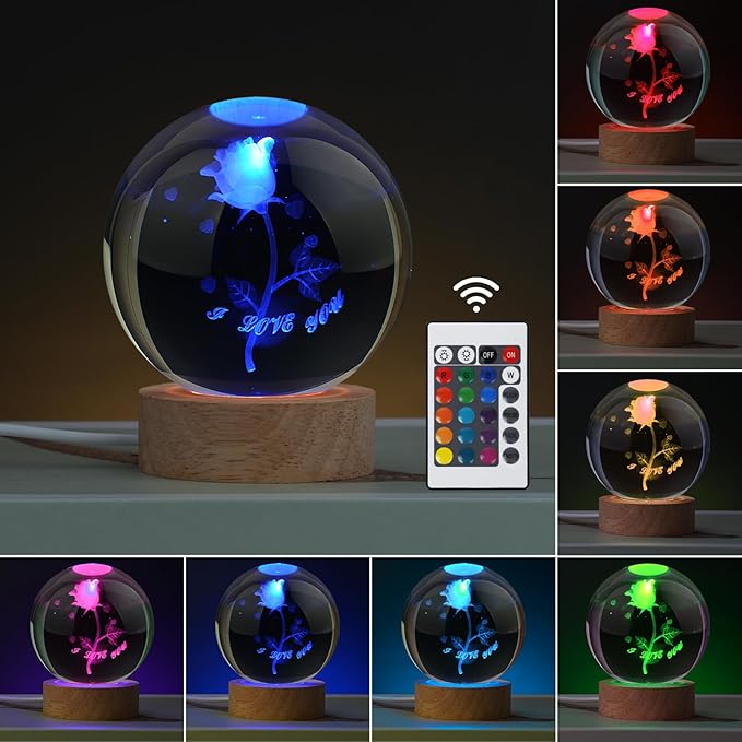 Rose Lamp Cute Gifts for Women, Large 3D Rose Night Light, Crystal Light up Rose Lamp 16 Color Changing with Remote Control for Bedroom Decor, I Love You Rose Glass - LeafyLoom