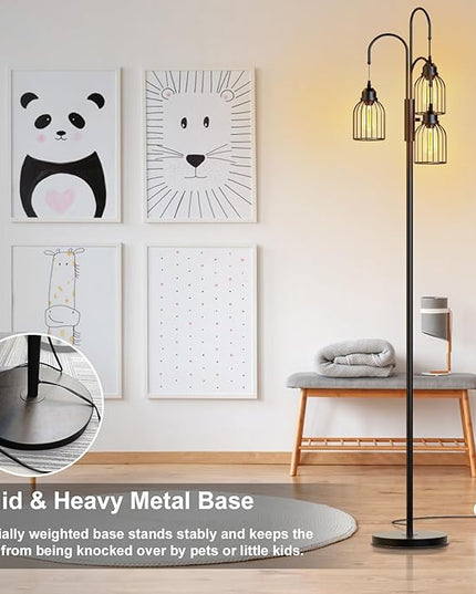 74.8" Dimmable Floor Lamp, Industrial Floor Lamp for Living Room, Farmhouse Standing Tree Lamp with 3 LED Edison Bulbs, Bright Black Vintage Pole Lamp with Cage Shade for Bedroom Home Decoration - LeafyLoom