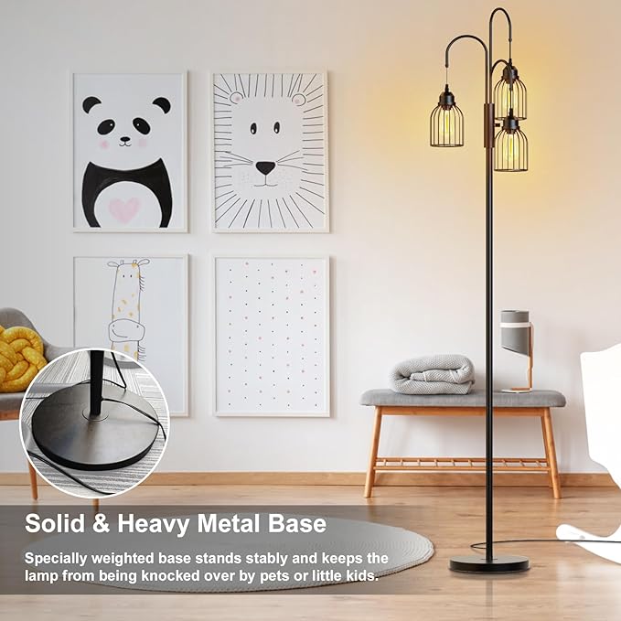 74.8" Dimmable Floor Lamp, Industrial Floor Lamp for Living Room, Farmhouse Standing Tree Lamp with 3 LED Edison Bulbs, Bright Black Vintage Pole Lamp with Cage Shade for Bedroom Home Decoration - LeafyLoom