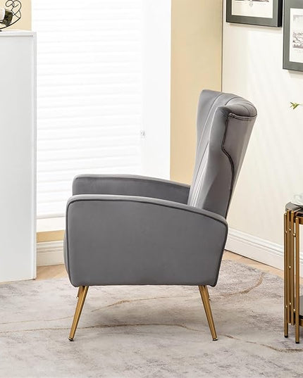 Armchair Modern Velvet Accent Chair, Channel Tufted Bedroom, Office or Living Room Furniture with Elegant Metal Legs, Grey - LeafyLoom