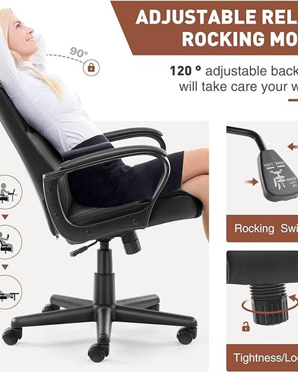 Office Chair - Mid-Back Computer Desk Chair with Armrests, Height Adjustable Home Chair, 360-Degree Swivel, Lumbar Support, PU Leather, Black, Modern - LeafyLoom