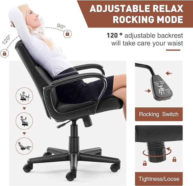 Office Chair - Mid-Back Computer Desk Chair with Armrests, Height Adjustable Home Chair, 360-Degree Swivel, Lumbar Support, PU Leather, Black, Modern - LeafyLoom