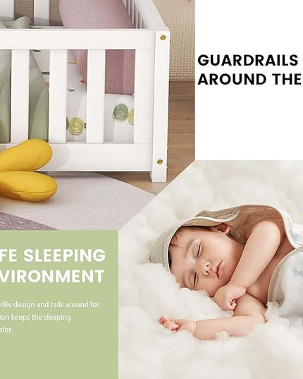Multifunctional Twin Size Floor Bed with Safety Guardrails and Door, Removable Wood Slats, Montessori Beds Frame for Toddlers, for Boys and Girls, White - LeafyLoom