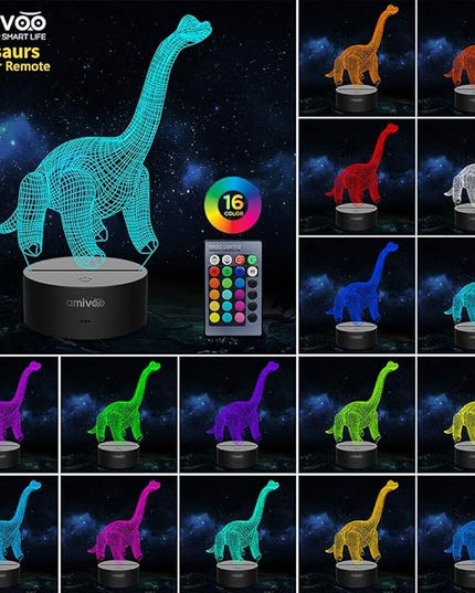 Dinosaur 3D Night Light for Kids 16 Colors Changing 3D Optical Illusion Lamp with Smart Touch & Remote Control, Best Gift for Girls Boys Kids (Dino-Brachiosaurus) - LeafyLoom