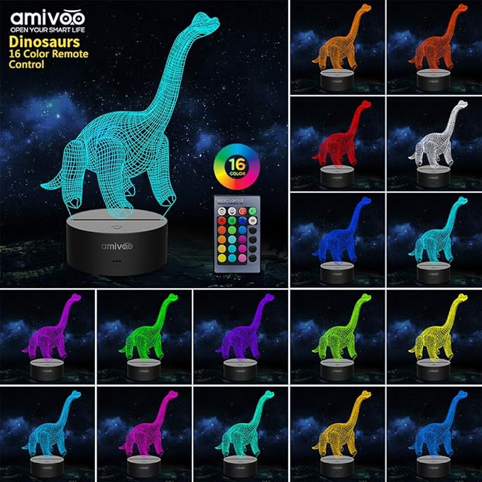 Dinosaur 3D Night Light for Kids 16 Colors Changing 3D Optical Illusion Lamp with Smart Touch & Remote Control, Best Gift for Girls Boys Kids (Dino-Brachiosaurus) - LeafyLoom