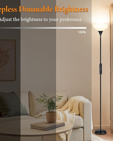 Floor Lamp with Remote, 2 in 1 Dimmable Standing Lamp for Reading, 76" Tall Lamp with Stepless Adjustable 3000K-6500K Colors, Black Torchiere Lamp for Living Room Bedroom Office, E26 LED Bulb Included - LeafyLoom