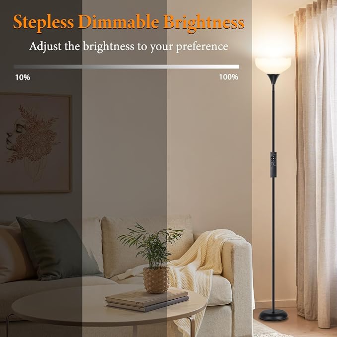 Floor Lamp with Remote, 2 in 1 Dimmable Standing Lamp for Reading, 76" Tall Lamp with Stepless Adjustable 3000K-6500K Colors, Black Torchiere Lamp for Living Room Bedroom Office, E26 LED Bulb Included - LeafyLoom