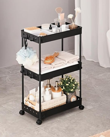 TOOLF Rolling Storage Cart, 3 Tier Utility Cart on Wheels, Bathroom Rolling Cart Organizer with Divider & Hooks, Mobile Shelving Unit Storage Cart for Laundry Kitchen Dorm, Matte Black - LeafyLoom