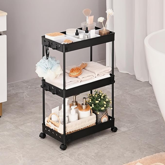 TOOLF Rolling Storage Cart, 3 Tier Utility Cart on Wheels, Bathroom Rolling Cart Organizer with Divider & Hooks, Mobile Shelving Unit Storage Cart for Laundry Kitchen Dorm, Matte Black - LeafyLoom