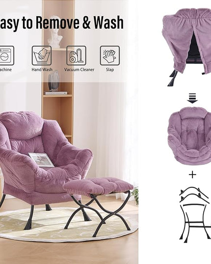 Oversized Chair with Ottoman, Modern Chair with Folding Footrest, Lounge Accent Chair, Comfortable Reading Chair for Bedroom, Study, Living Room, Courtyard (Plush Purple) - LeafyLoom