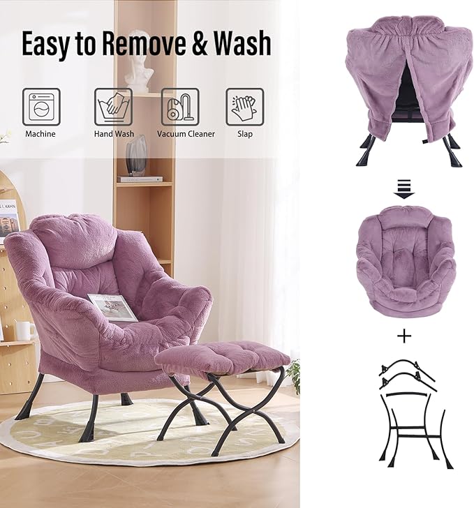 Oversized Chair with Ottoman, Modern Chair with Folding Footrest, Lounge Accent Chair, Comfortable Reading Chair for Bedroom, Study, Living Room, Courtyard (Plush Purple) - LeafyLoom