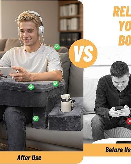 Reading Pillow & Gaming Pillow for Lap, Lap Desk Pillow for Gaming with Coaster, Soft Arm Rest Pillow for Adult, Memory Foam Bed Rest Pillows for Reading, Working, Sitting in Bed Floor Sofa, Grey - LeafyLoom