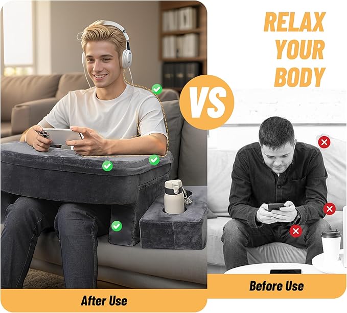 Reading Pillow & Gaming Pillow for Lap, Lap Desk Pillow for Gaming with Coaster, Soft Arm Rest Pillow for Adult, Memory Foam Bed Rest Pillows for Reading, Working, Sitting in Bed Floor Sofa, Grey - LeafyLoom