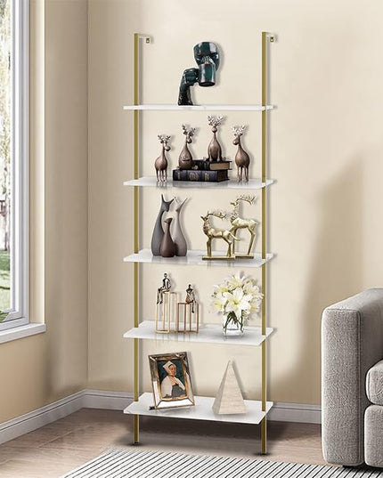 aboxoo Ladder Shelf White Marble Bookshelf 5-Tier Wall-Mounted Wood Rack Industrial Modern Plant Flower Stand Utility Organizer Open Bookcase Metal Frame Furniture Office Kitchen Bedroom - LeafyLoom