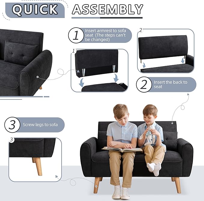 Shintenchi 47" Black Wood Loveseat Sofa, 350 lbs Weight Capacity, Simple Assembly Required - LeafyLoom