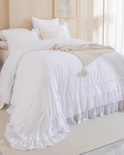 Oversized King Comforter 128x120,White Shabby Boho Chic Farmhouse Bedding Comforter with Ruffles,3 Pieces Vintage Lightweight and Soft French Country Bedding Set - LeafyLoom
