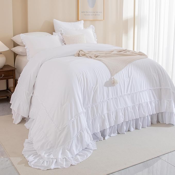 Oversized King Comforter 128x120,White Shabby Boho Chic Farmhouse Bedding Comforter with Ruffles,3 Pieces Vintage Lightweight and Soft French Country Bedding Set - LeafyLoom