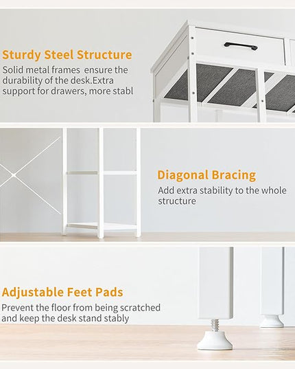 CubiCubi 47 Inch Computer Desk with 3 Drawers and Storage Shelves, Small Home Office Desk, Study Writing Table, Simple Desk for Bedroom, White - LeafyLoom