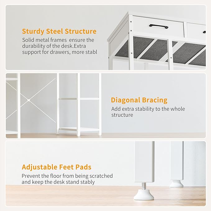 CubiCubi 47 Inch Computer Desk with 3 Drawers and Storage Shelves, Small Home Office Desk, Study Writing Table, Simple Desk for Bedroom, White - LeafyLoom
