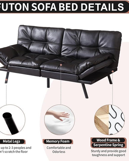 MUUEGM Futon Sofa Bed Convertible Memory Foam Sleeper Couch,Modern Faux Leather Loveseat for Living Room,Small Compact Space,Dorm,Office,Adjustable Armrests Backrest Sofabed, Black - LeafyLoom