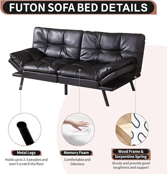 MUUEGM Futon Sofa Bed Convertible Memory Foam Sleeper Couch,Modern Faux Leather Loveseat for Living Room,Small Compact Space,Dorm,Office,Adjustable Armrests Backrest Sofabed, Black - LeafyLoom
