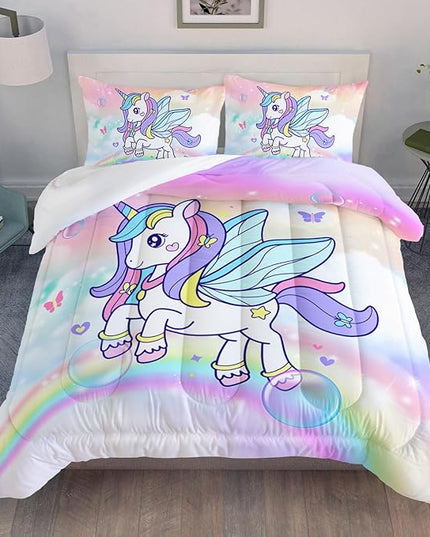 Unicorn Comforter Set for Girls Butterfly Bedding Set Rainbow Quilt Set Twin with 1 Comforter and 2 Pillowcases - LeafyLoom