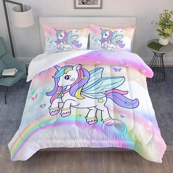 Unicorn Comforter Set for Girls Butterfly Bedding Set Rainbow Quilt Set Twin with 1 Comforter and 2 Pillowcases - LeafyLoom