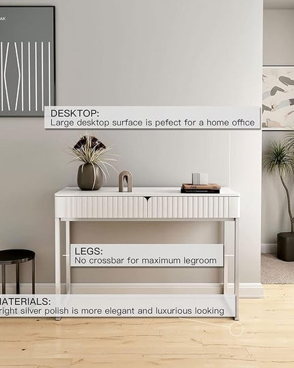 White Vanity Desk with 2 Drawers, Silver and White Desk,Home Office Desk Modern Makeup Vanity Table with Glossy Desktop,Writing Computer Standing Desk with Wood Top and Metal Legs - LeafyLoom