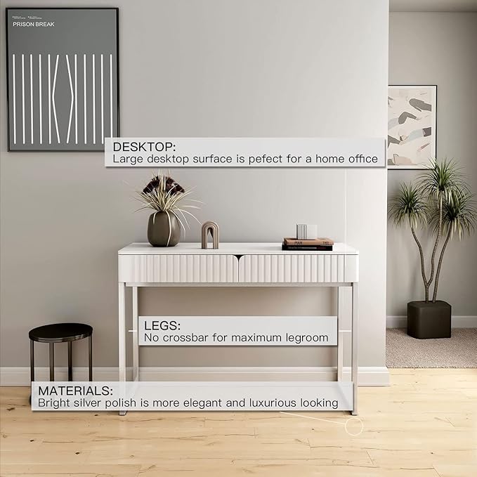 White Vanity Desk with 2 Drawers, Silver and White Desk,Home Office Desk Modern Makeup Vanity Table with Glossy Desktop,Writing Computer Standing Desk with Wood Top and Metal Legs - LeafyLoom