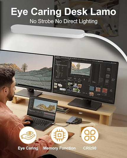 SKYLEO Desk Lamp - 33.5" Desk Light - Flexible Gooseneck - 5 Color Modes X 11 Brightness Levels - 1300LM - Timmer & Memory Function - 12W Clip on Light - White - LeafyLoom