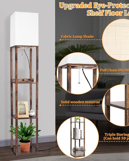 Dott Arts Floor Lamp with Shelves, Shelf Lamp with Wireless Charger & USB A+C Ports & 2 AC Outlets,3 Color Temperature Corner Tall Standing Floor Lamps for Living Room, Bedroom, Office (Brown) - LeafyLoom