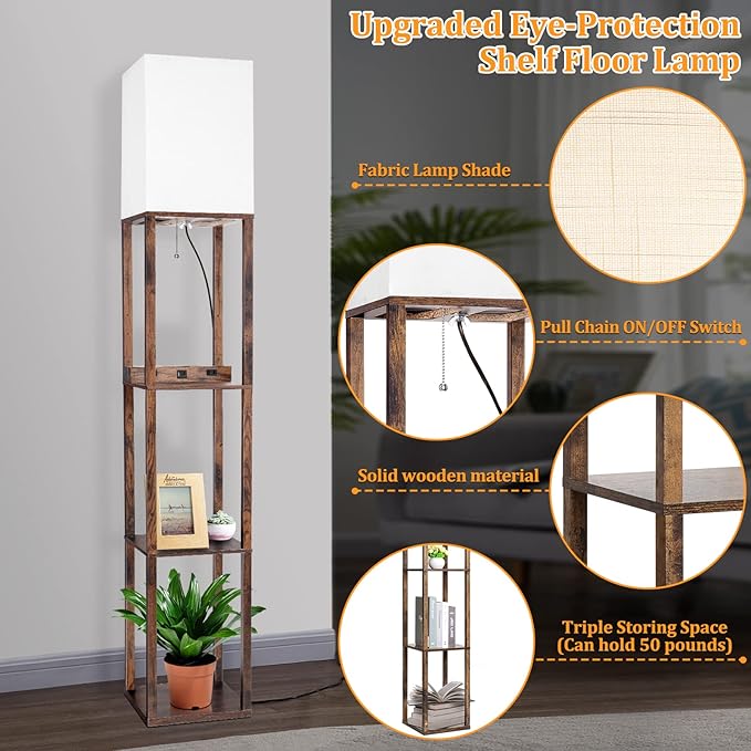 Dott Arts Floor Lamp with Shelves, Shelf Lamp with Wireless Charger & USB A+C Ports & 2 AC Outlets,3 Color Temperature Corner Tall Standing Floor Lamps for Living Room, Bedroom, Office (Brown) - LeafyLoom