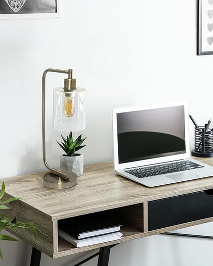 Simple Designs LD1036-ABS 18.8" Industrial Vintage Bronson Antique Style Industrial Iron Lantern Desk Table Lamp with Glass Cylinder Shade for Home Décor, Office, Living Room, Bedroom, Antique Brass - LeafyLoom