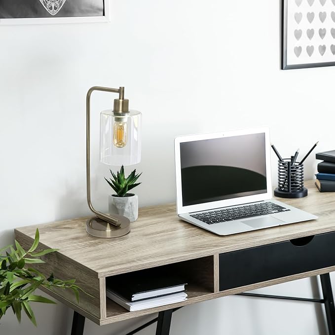 Simple Designs LD1036-ABS 18.8" Industrial Vintage Bronson Antique Style Industrial Iron Lantern Desk Table Lamp with Glass Cylinder Shade for Home Décor, Office, Living Room, Bedroom, Antique Brass - LeafyLoom