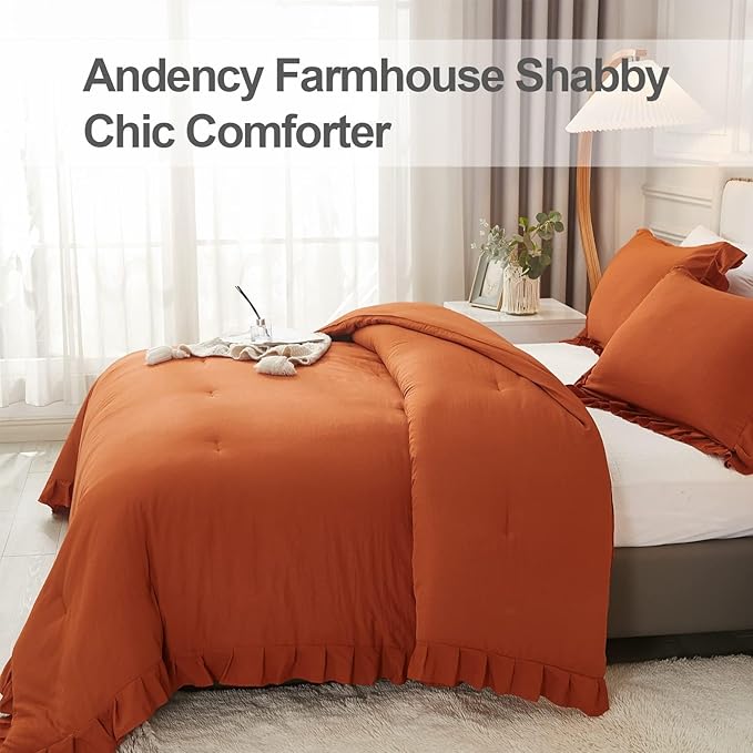Andency California King Comforter Set Burnt Orange (104x96Inch), 3 Pieces Cal King Ruffle Comforter, Oversized Farmhouse Shabby Chic Bed Comforter, Lighteweight and Soft Microfiber Bedding Set - LeafyLoom