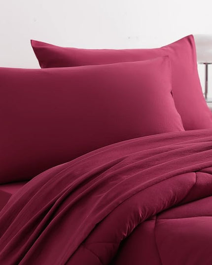 NTBAY Twin Comforter Set with Sheets, 5 Pieces Soft and Breathable Twin Bedding Set, Twin Bed in a Bag, Down Alternative Comforter Set Solid Color All Season, Kids Bedding Set, Wine Red - LeafyLoom